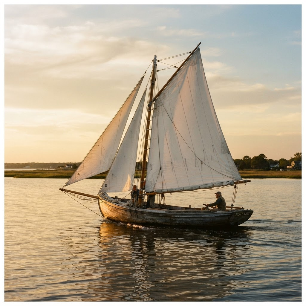 A wooden Chesapeake Bay skipjack sailing under full sail at golden hour