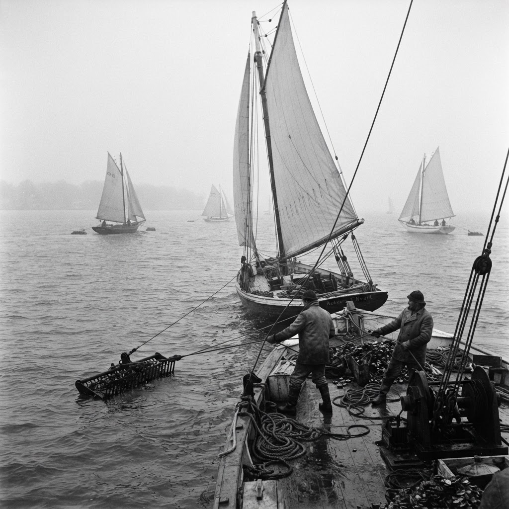 Chesapeake Bay skipjacks dredging for oysters under sail